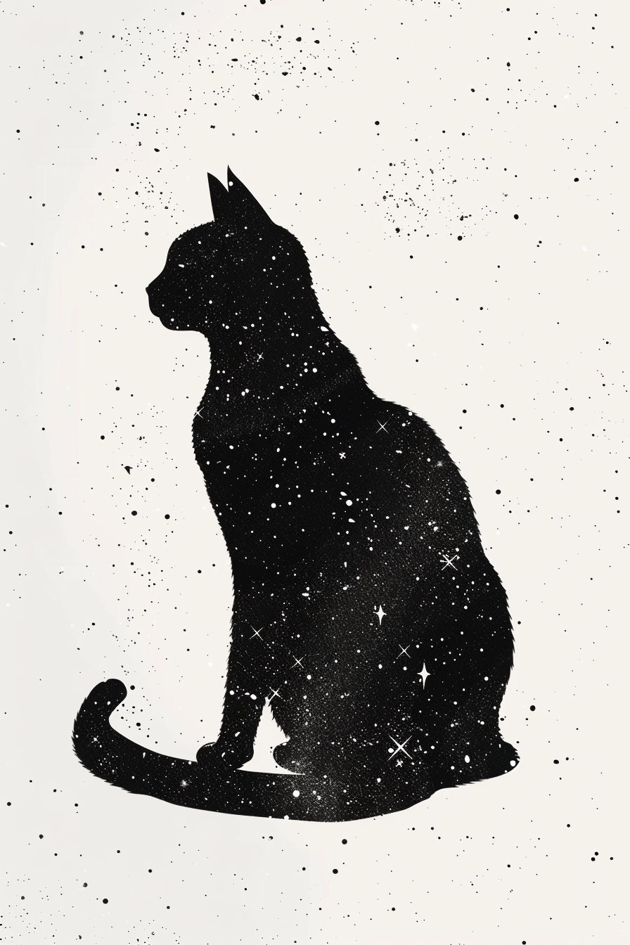 Silhouette of black cat against starry cosmic sky