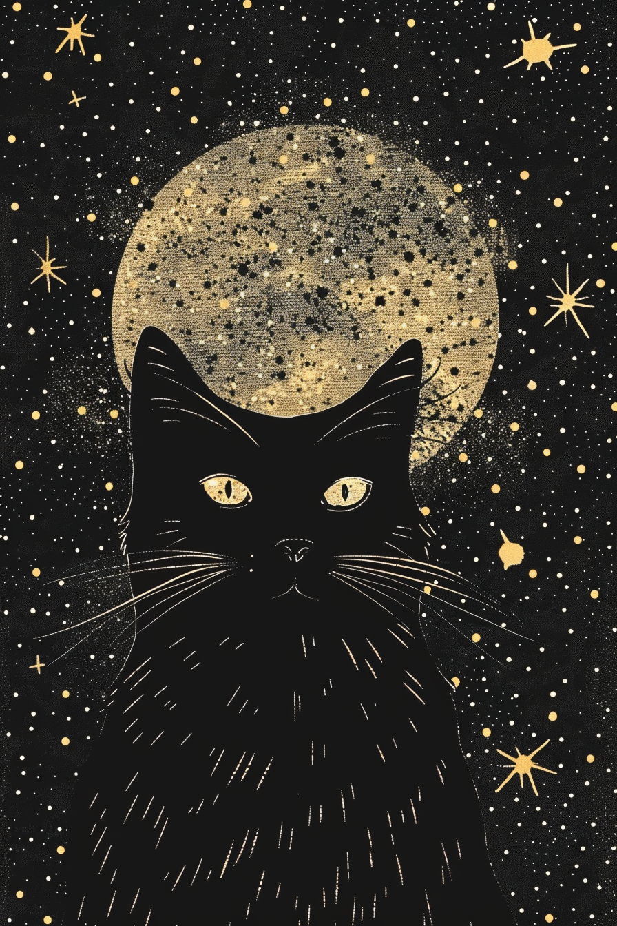 Black cat silhouette against a starry cosmic sky