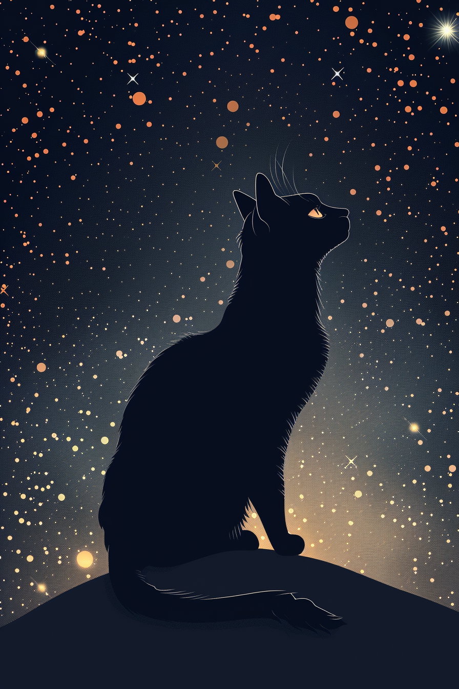 Black cat silhouette against starry cosmic sky backdrop