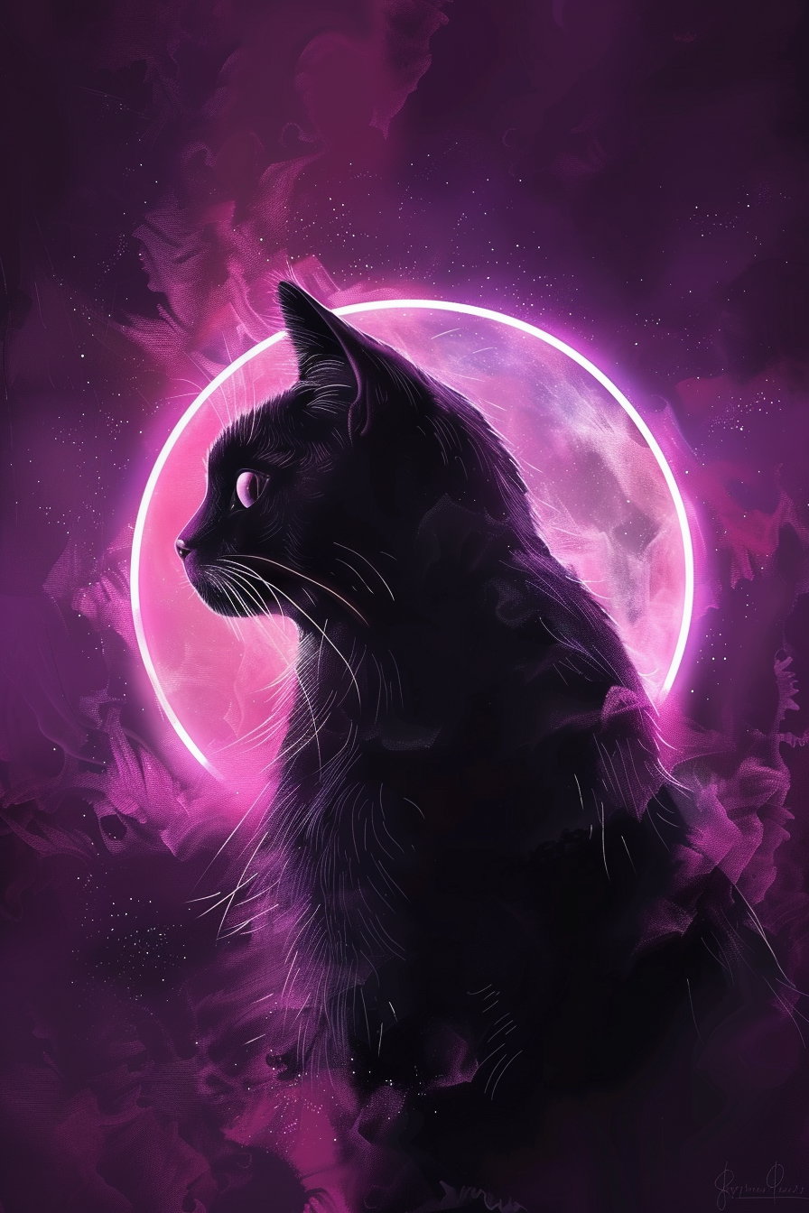 Black cat silhouette with glowing abstract circle background