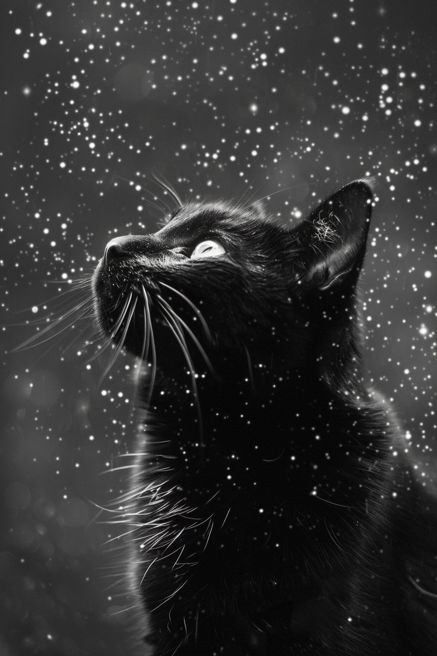 Minimalist black cat surrounded by subtle stars in cosmic space