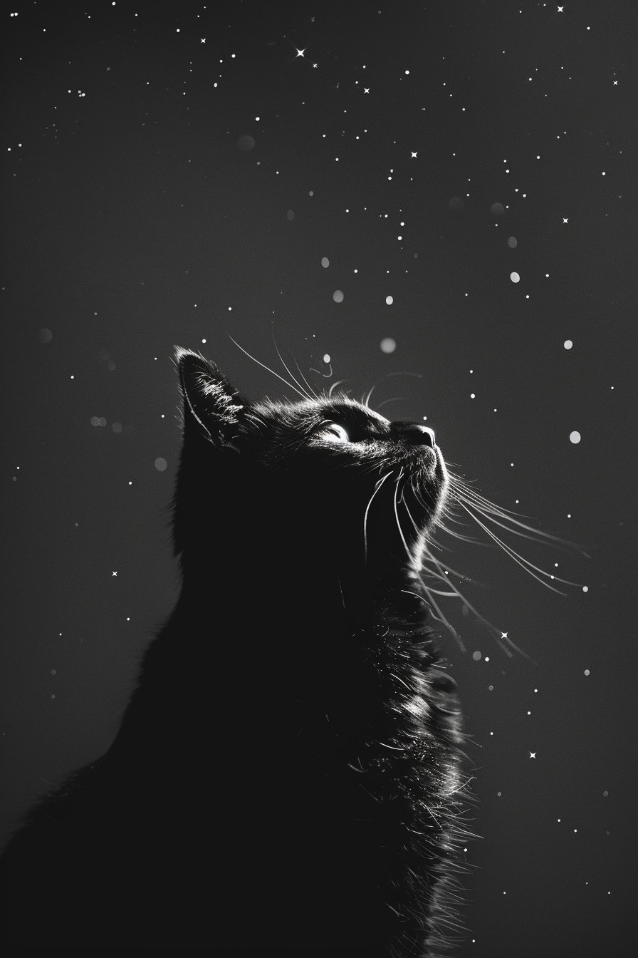 Minimalist black cat floating in cosmic space with stars