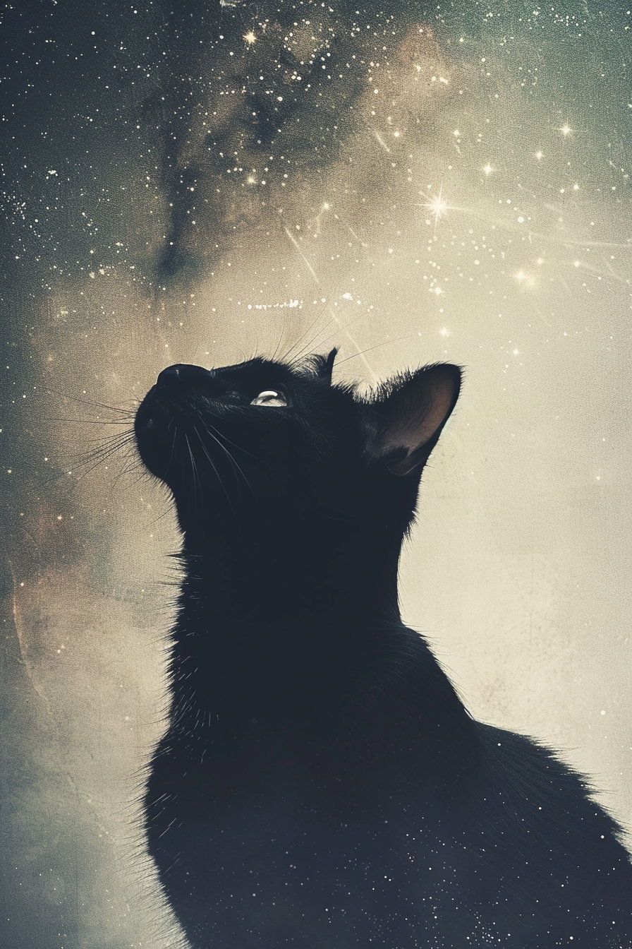 Minimalist black cat floating in cosmic space with subtle stars