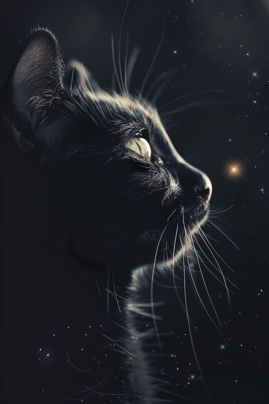 Minimalist black cat surrounded by subtle stars in cosmic space