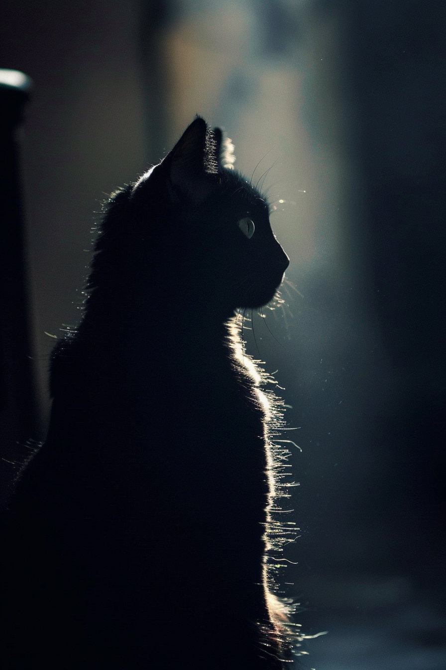 Black cat in shadow with glowing accents in dark aesthetic
