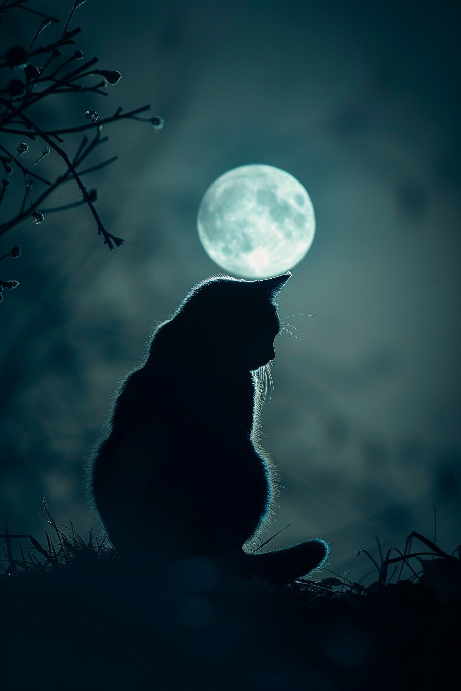 Black cat under glowing moon in dark serene night
