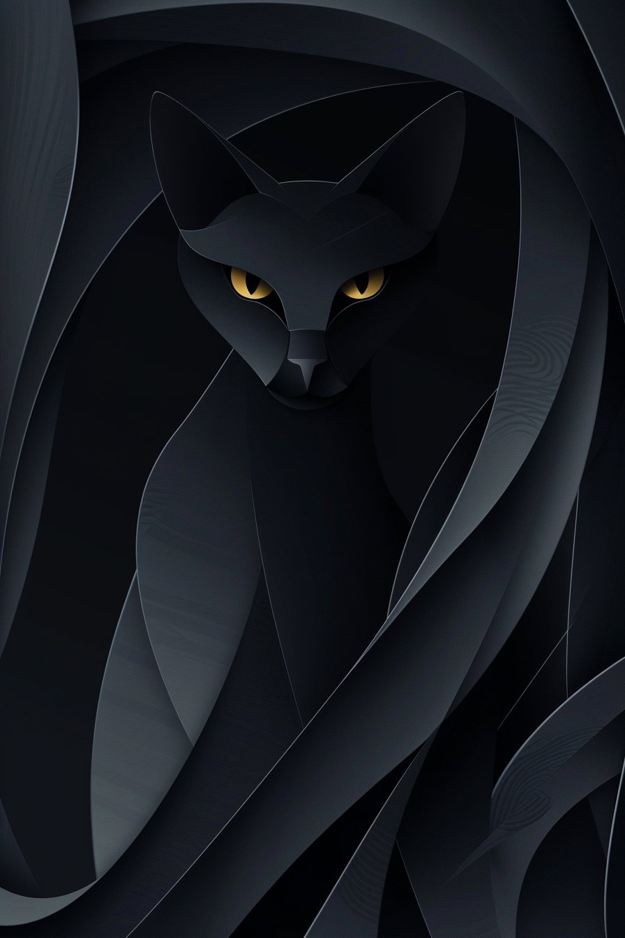 Abstract black cat formed from minimalist shapes in dark colors