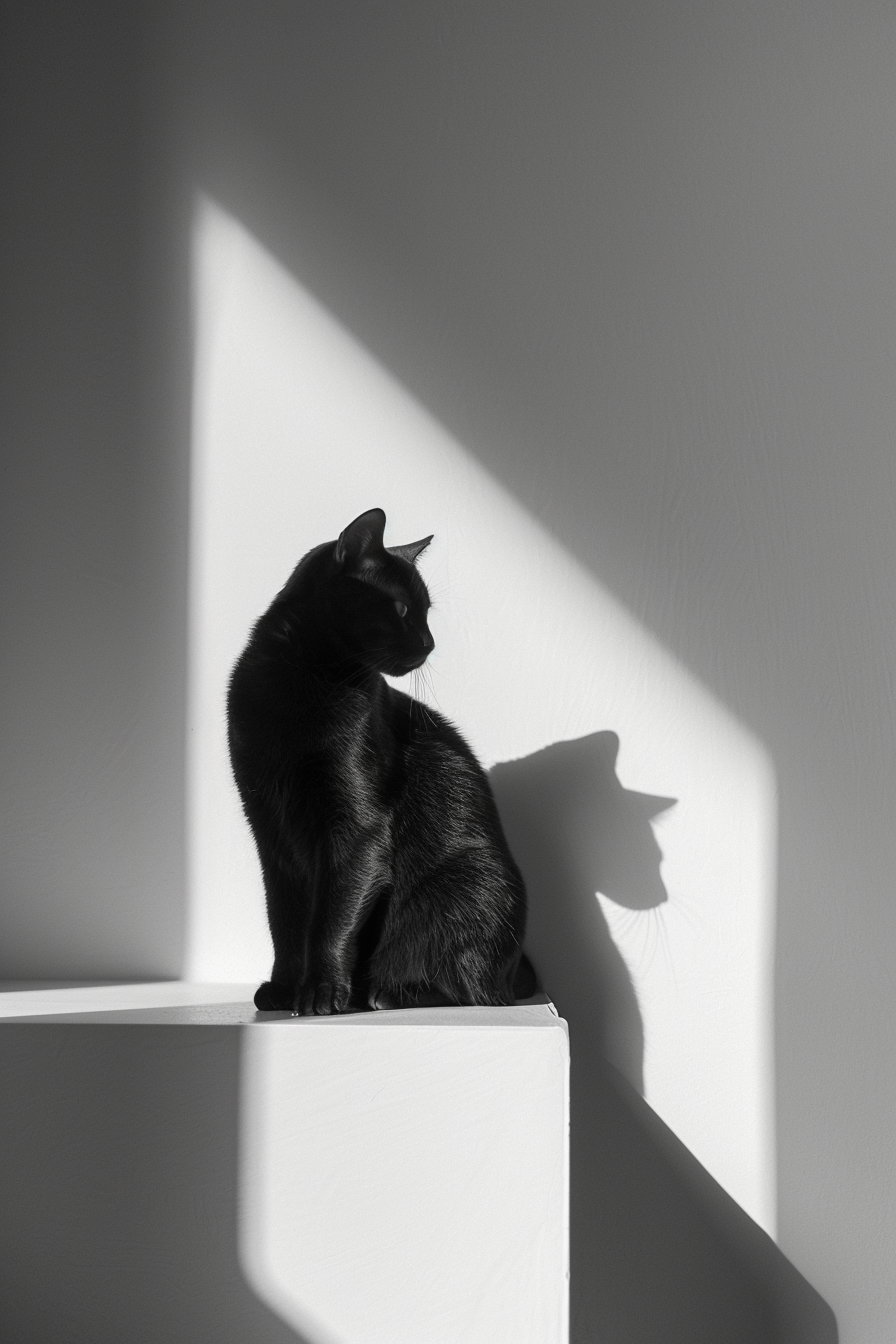 Minimalist black cat surrounded by geometric shapes and soft shadows
