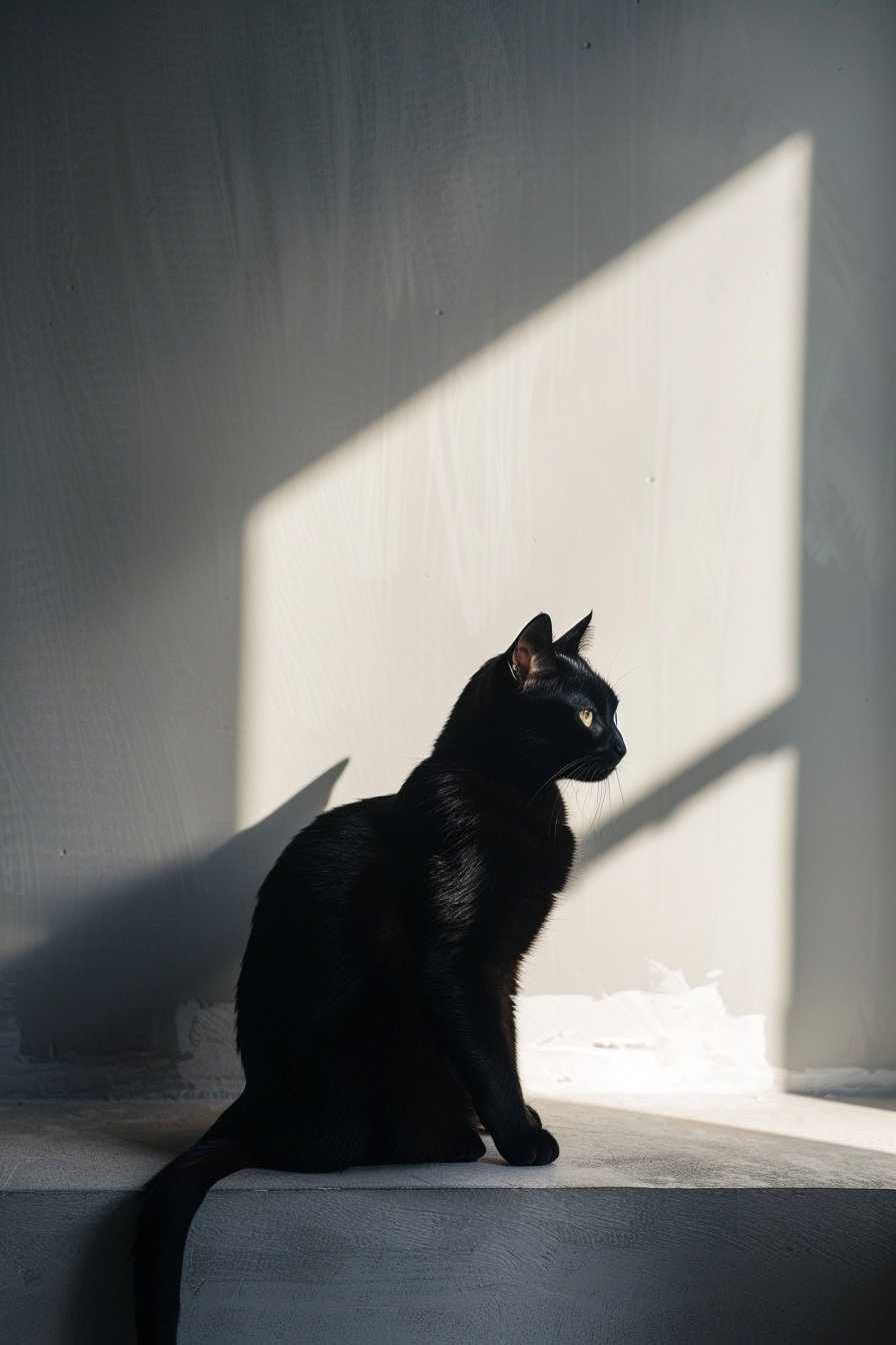 Minimalist black cat with geometric shapes and soft shadows