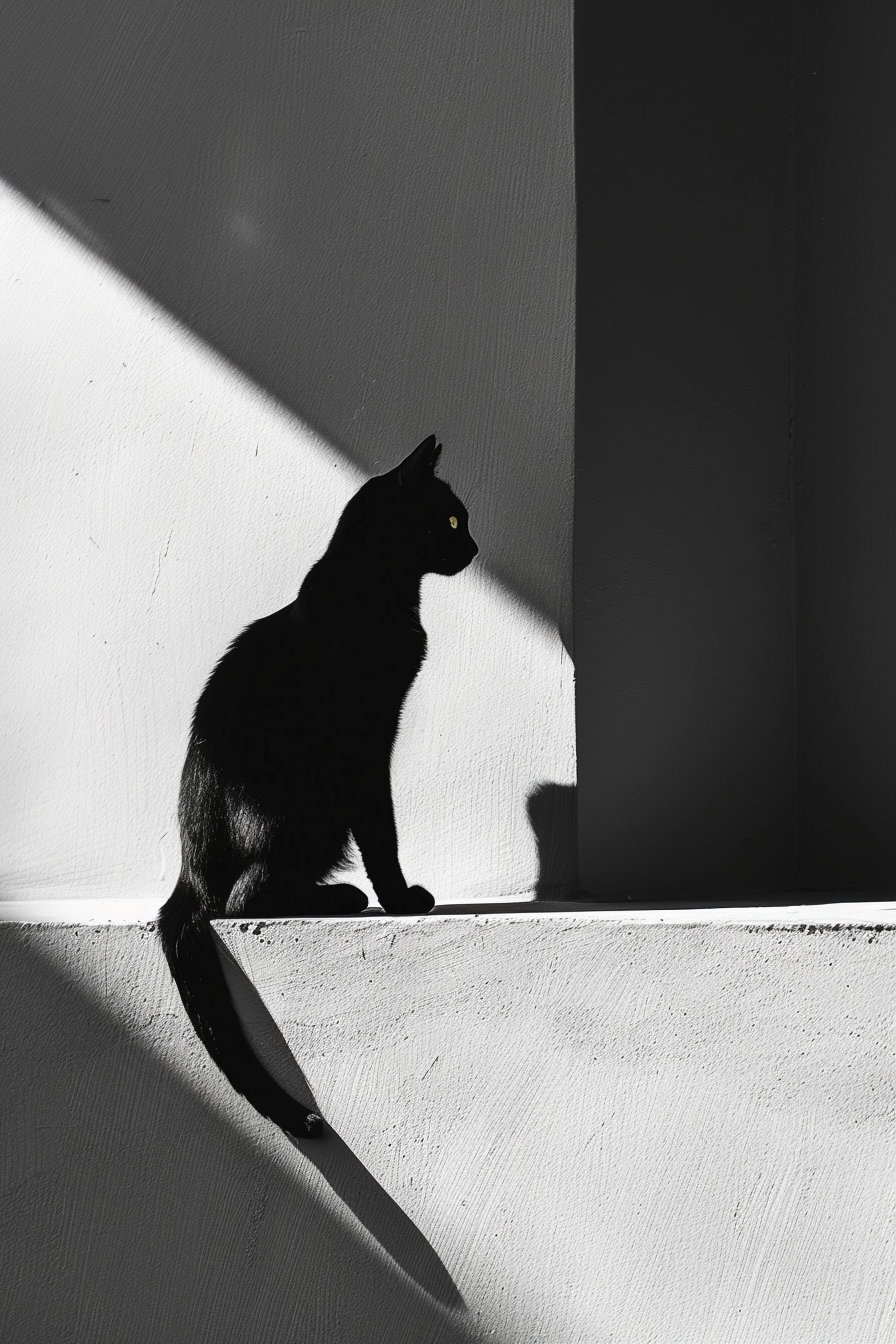 Minimalist black cat among geometric shapes and soft shadows