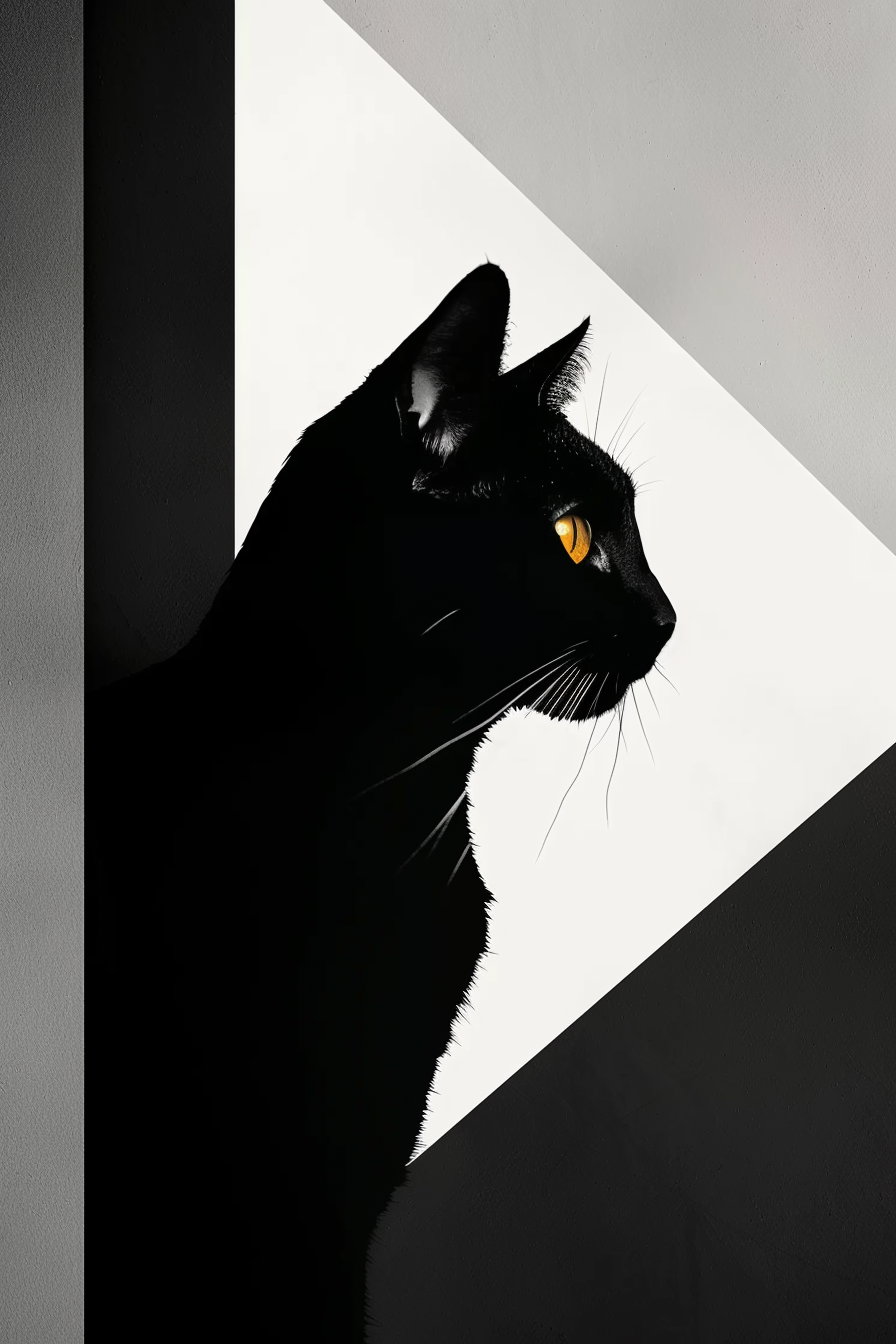 Minimalist black cat surrounded by geometric shapes and soft shadows