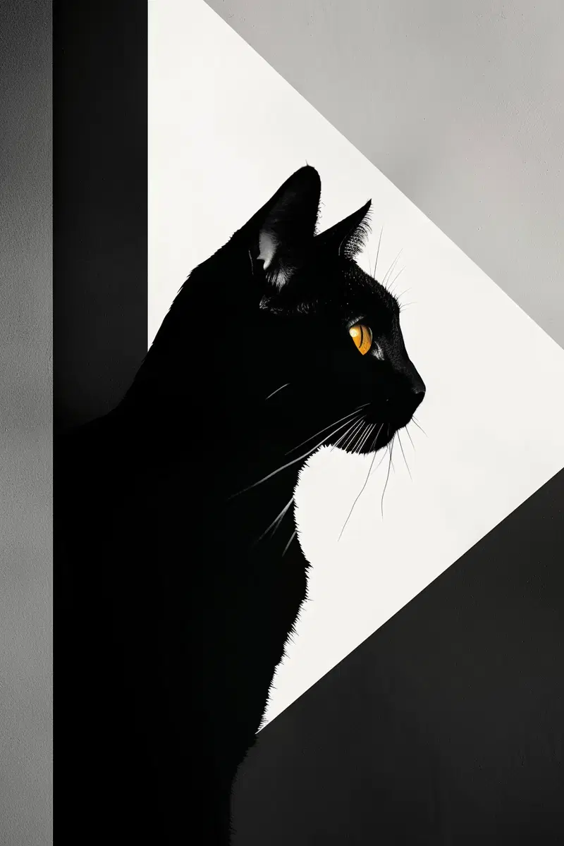 Minimalist Black Cat Wall Art with Geometric Shapes