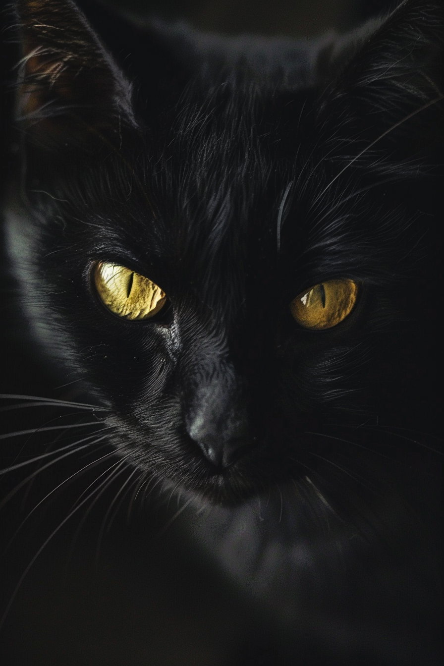 Black cat making intense eye contact in dark setting