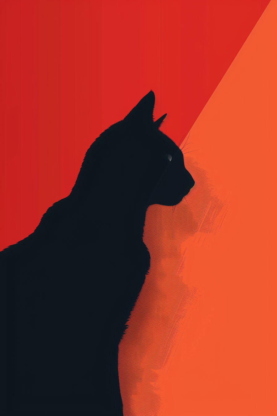 Minimalist black cat against abstract geometric background shapes