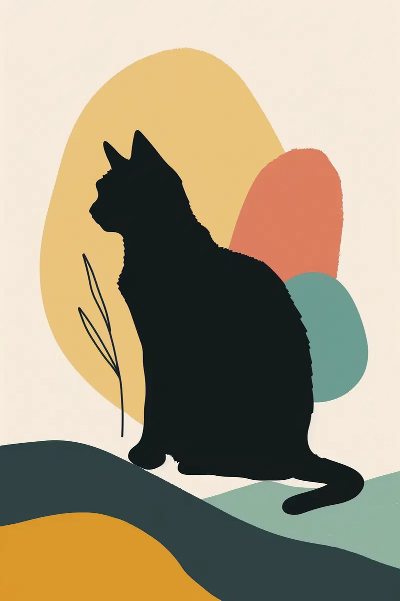 Minimalist Black Cat Wall Art with Abstract Shapes Decor
