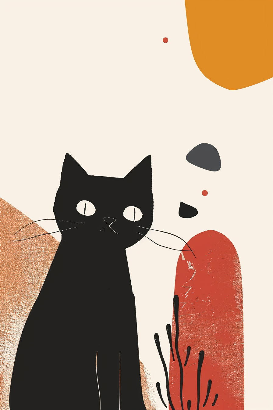 Minimalist black cat against abstract geometric background shapes