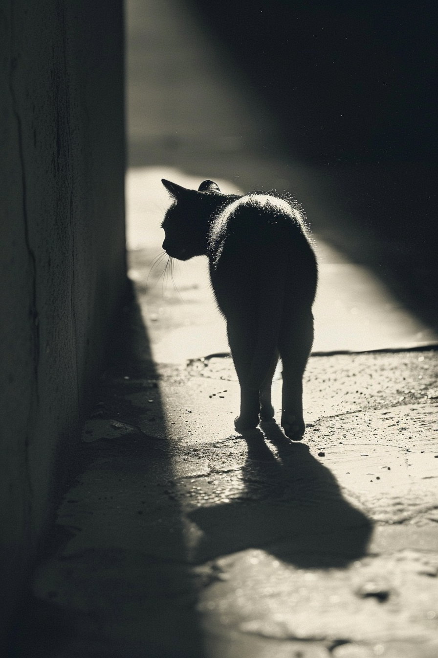 Black cat emerging from darkness into bright light