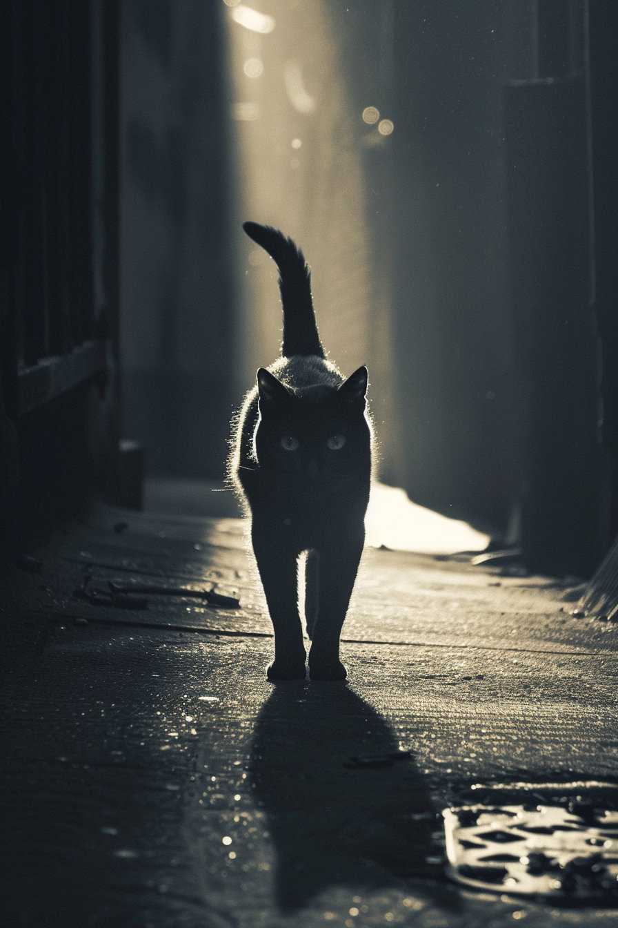 Black cat emerging from darkness into bright light