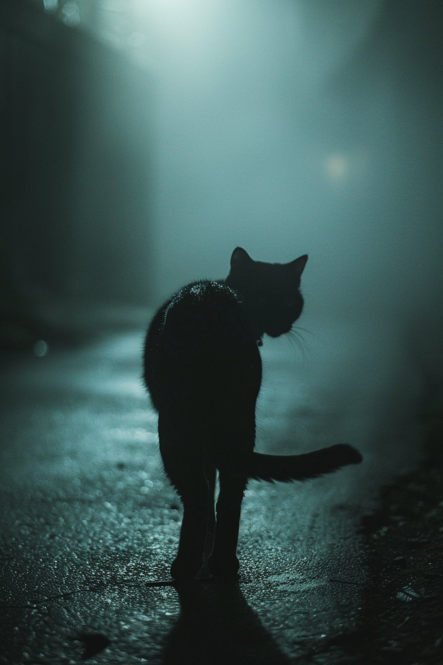 Black cat emerging from darkness into bright light