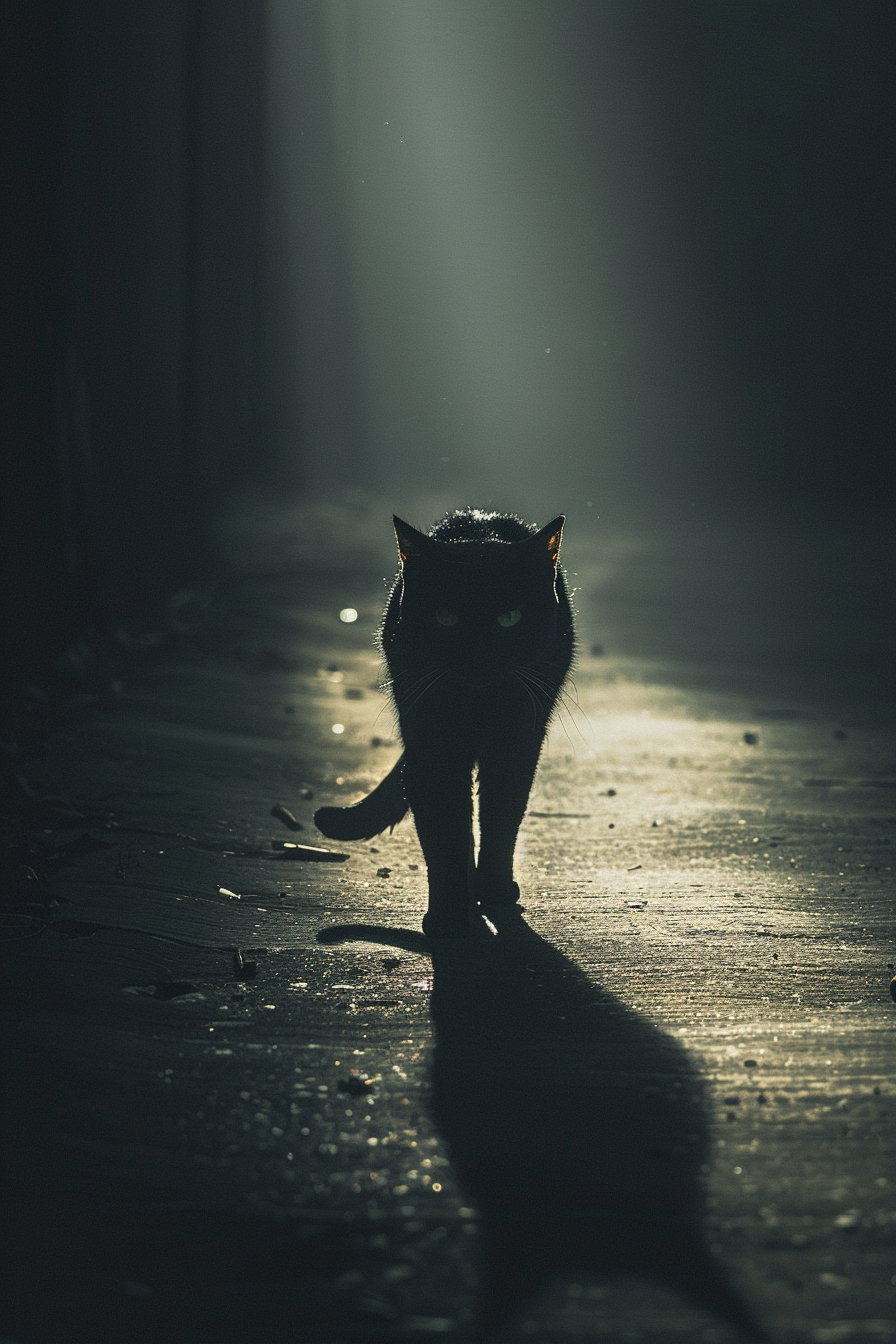 Black cat emerging from darkness into bright light