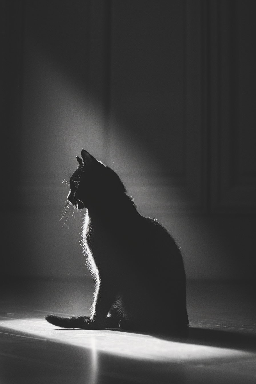 Black cat sitting alone in dark empty space