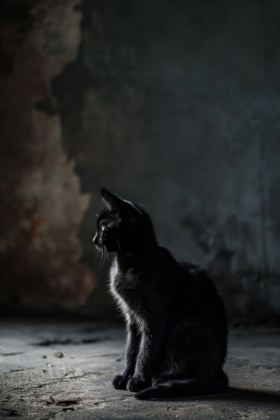 Black cat alone in dark space, minimal emotional composition