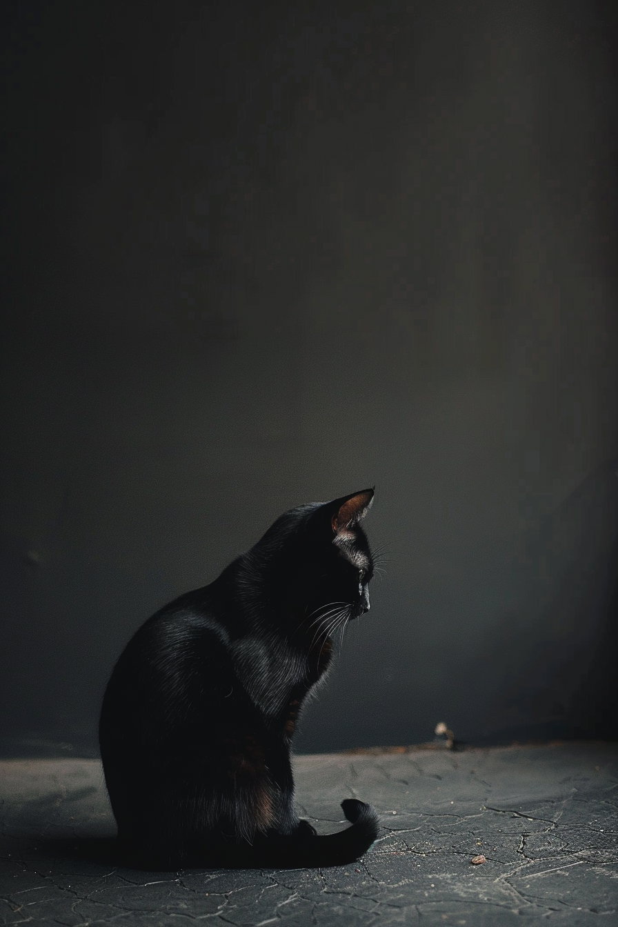 Black cat sitting alone in dark empty space