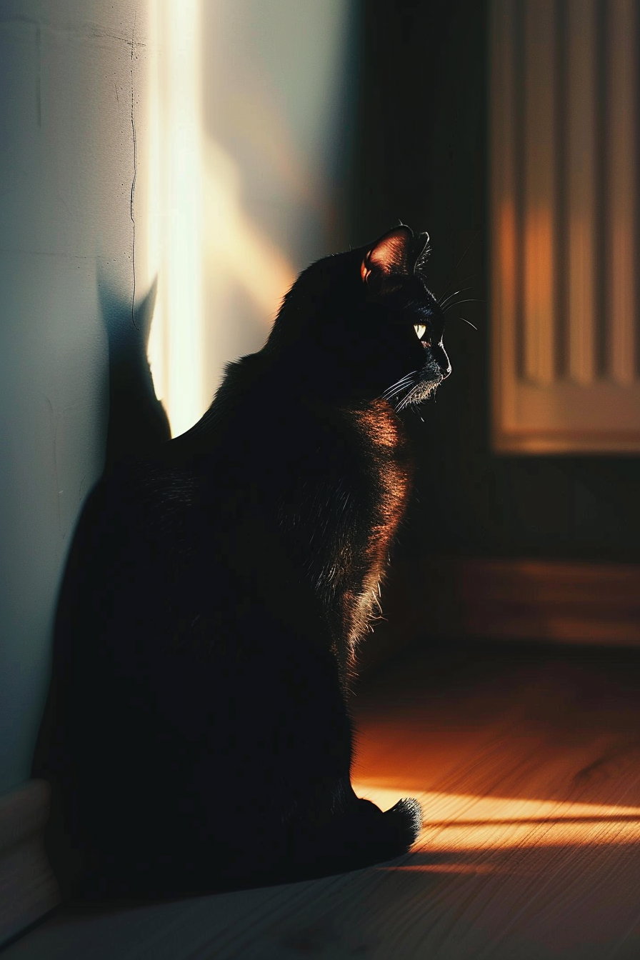 Black cat in corner with soft light creating peaceful atmosphere