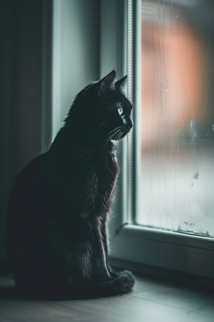 Black cat in corner with soft light creating a serene atmosphere