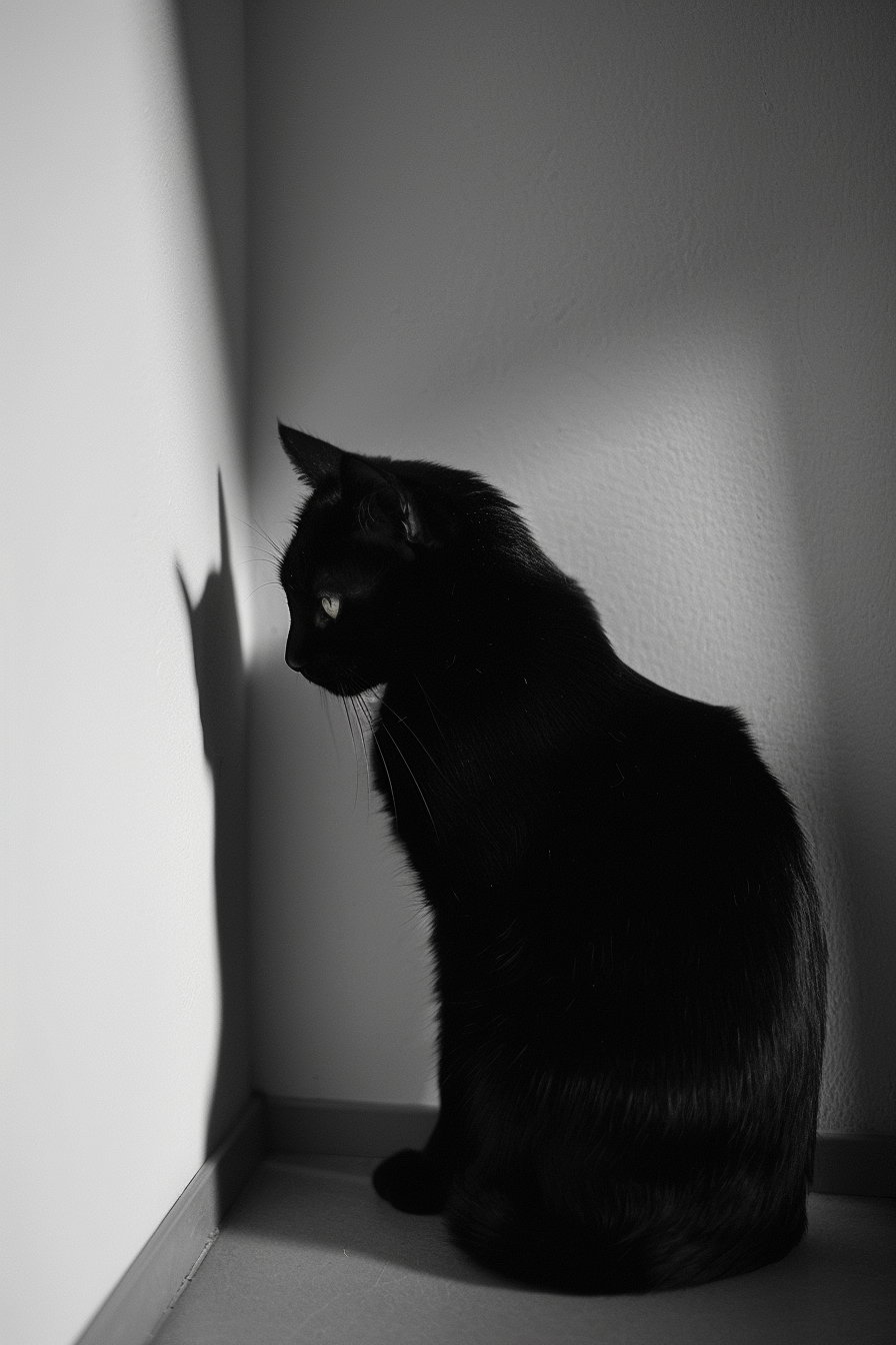 Black cat in corner bathed in soft light