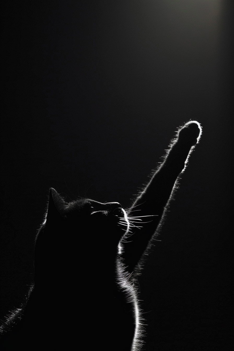 Black cat pawing at light in dark minimal setting