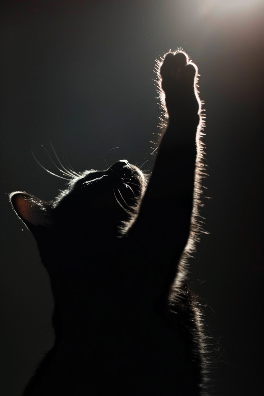 Black cat reaching paw toward light in dark setting