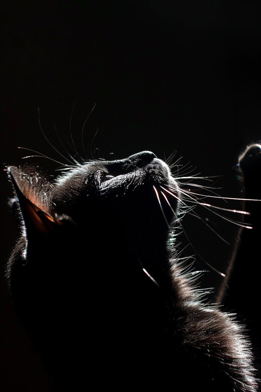 Black cat pawing at light in dark minimal scene