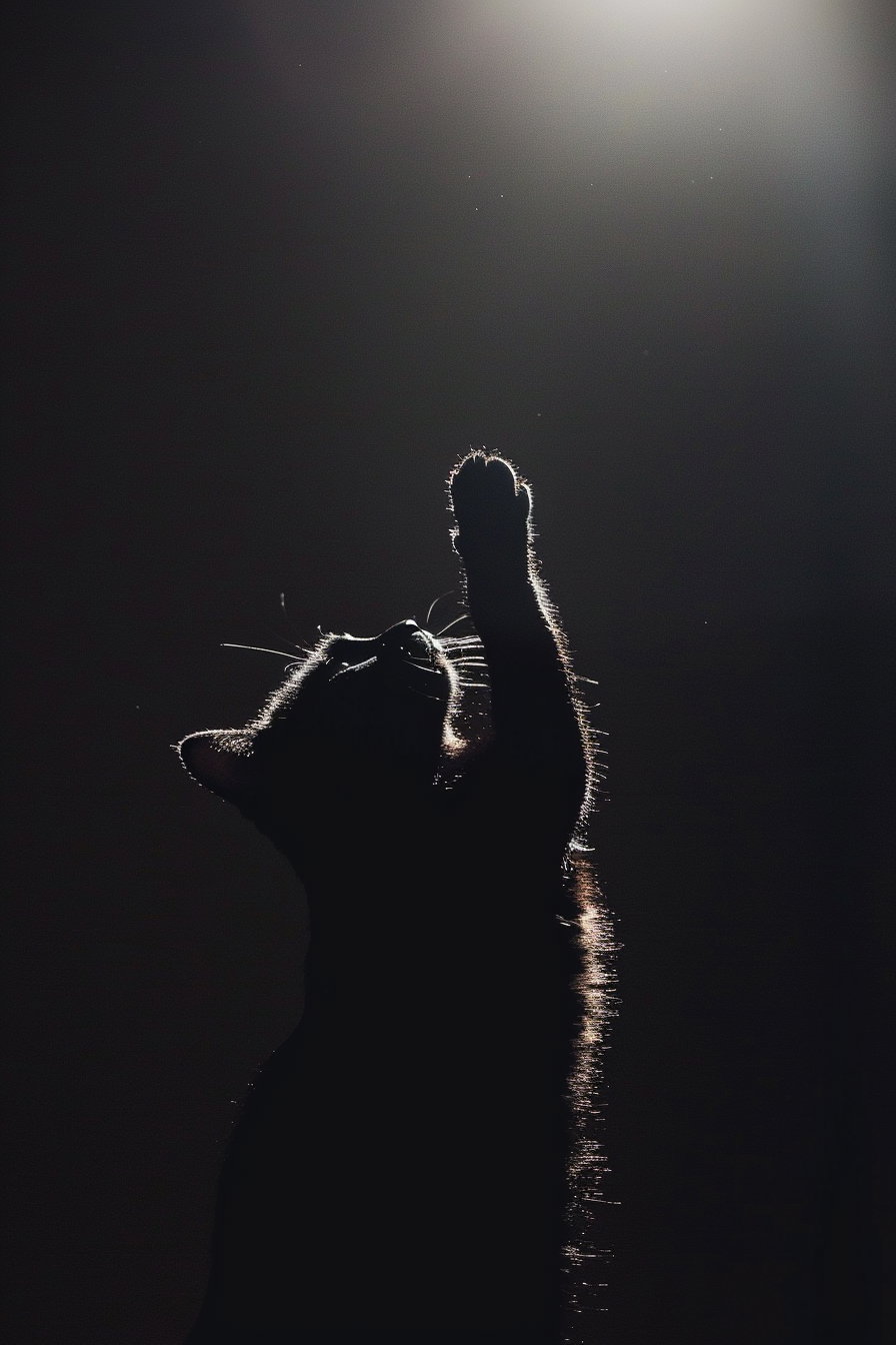 Black cat pawing at light in dark minimal scene