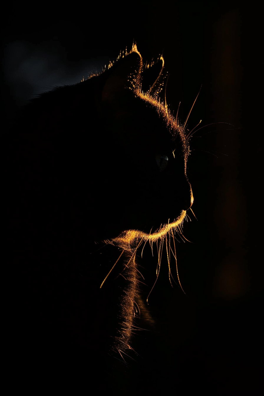 Black cat with glowing outline in dark minimal scene