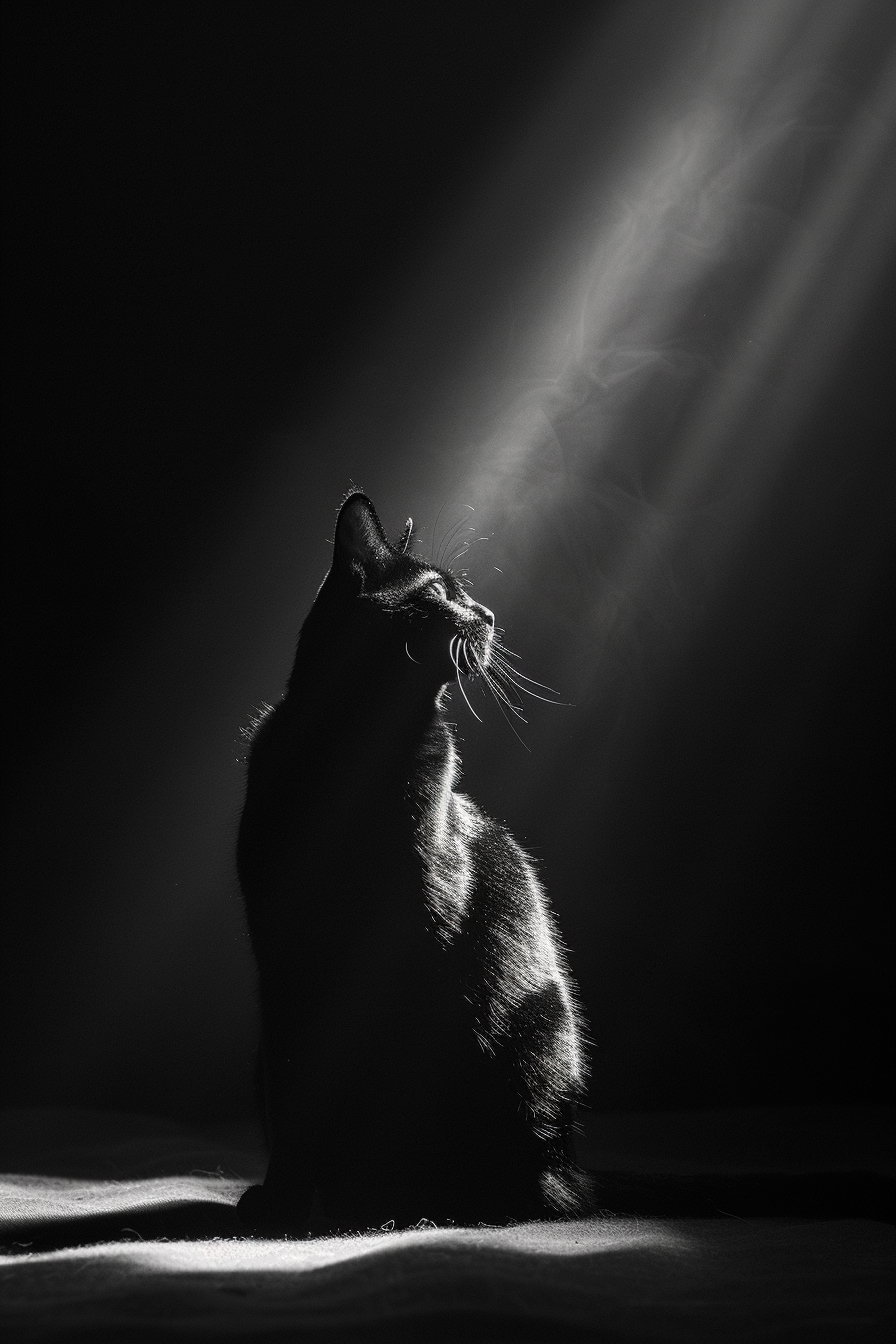 Black cat under spotlight in dark minimalistic space
