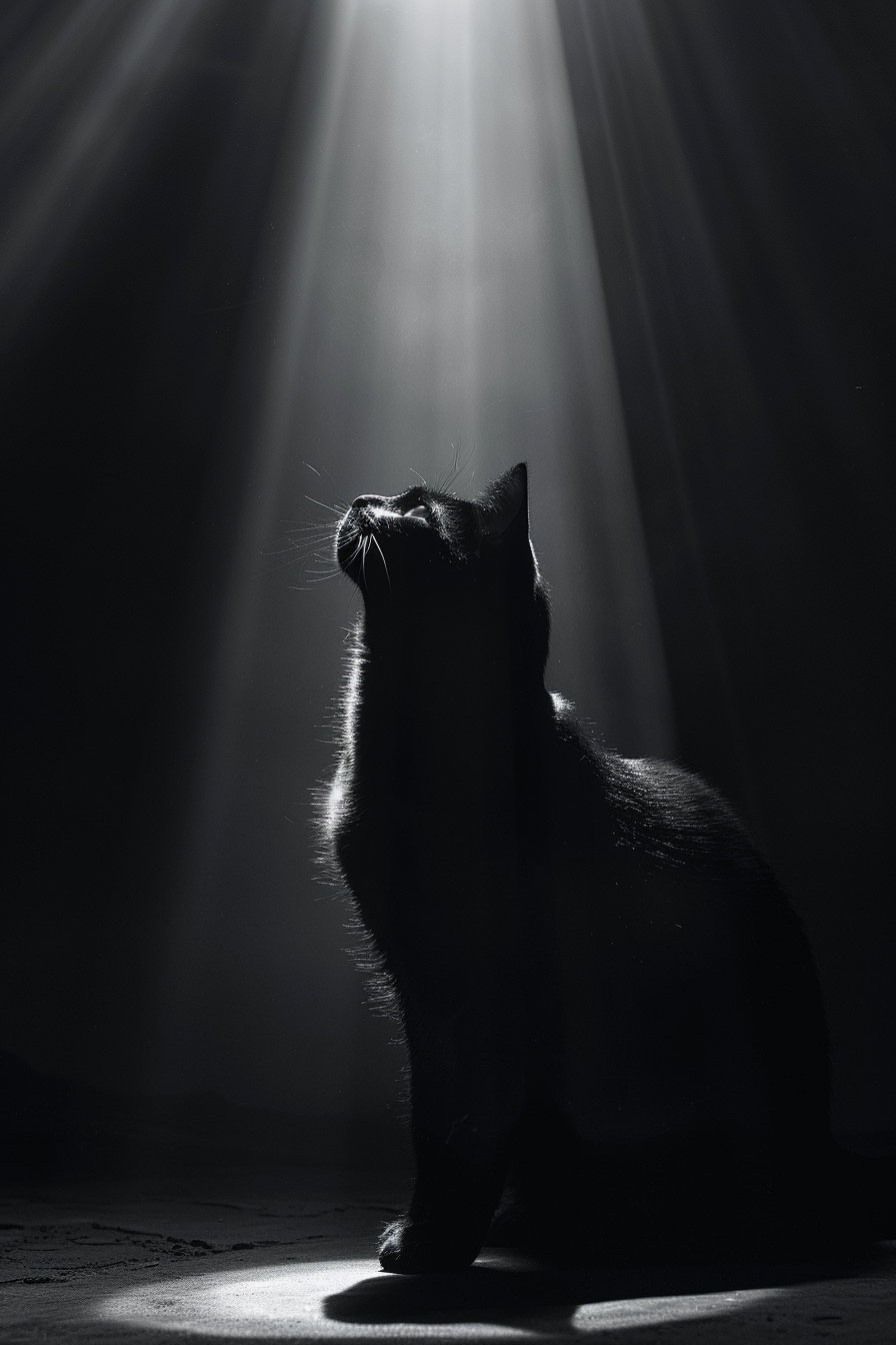 Black cat illuminated by spotlight in dark minimalist setting