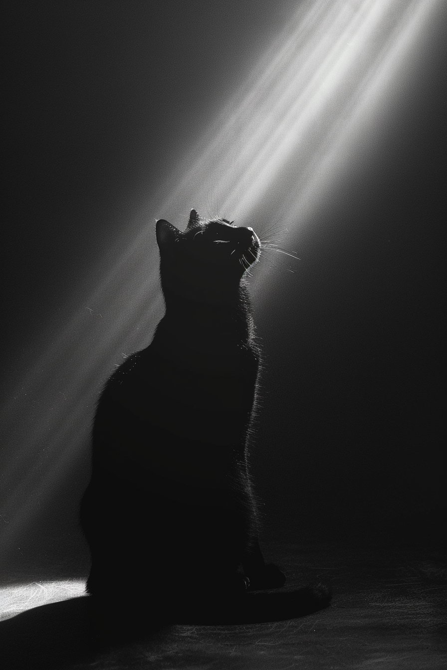 Black cat illuminated by spotlight in dark minimal space