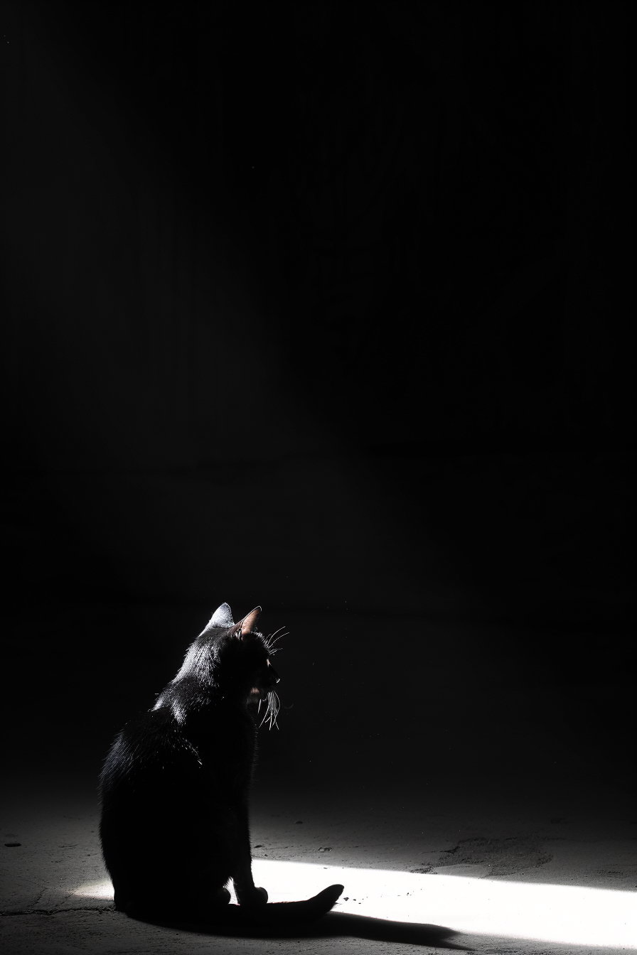Black cat illuminated by spotlight in dark minimal space