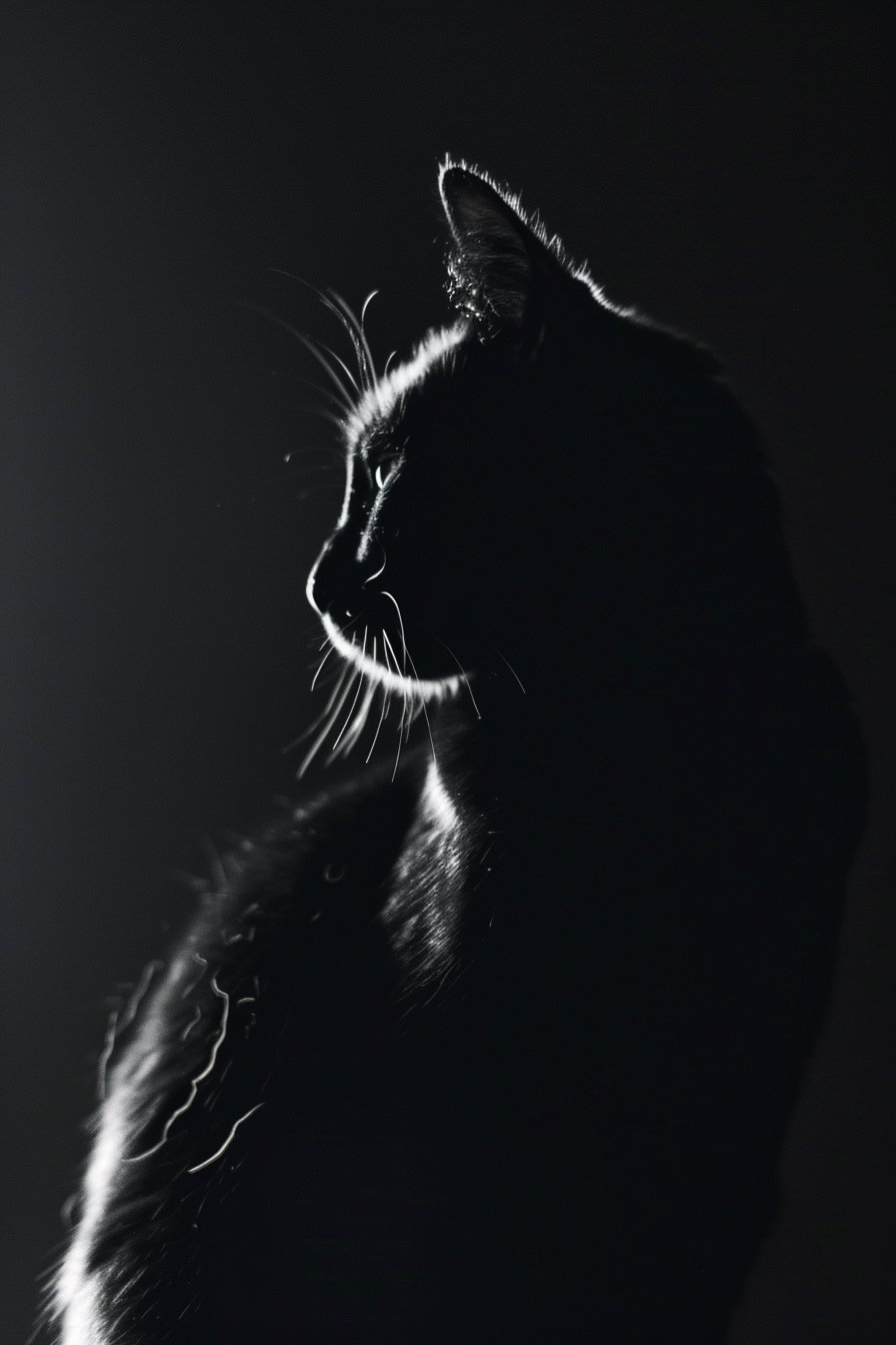 Black cat silhouette blending into dark minimalist background