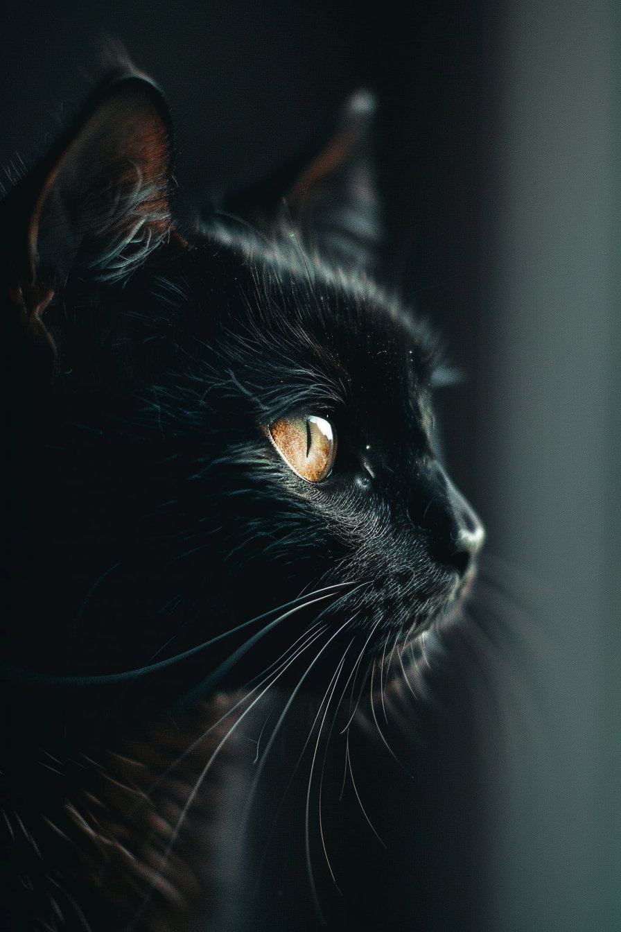 Black cat gazing into distance against dark background