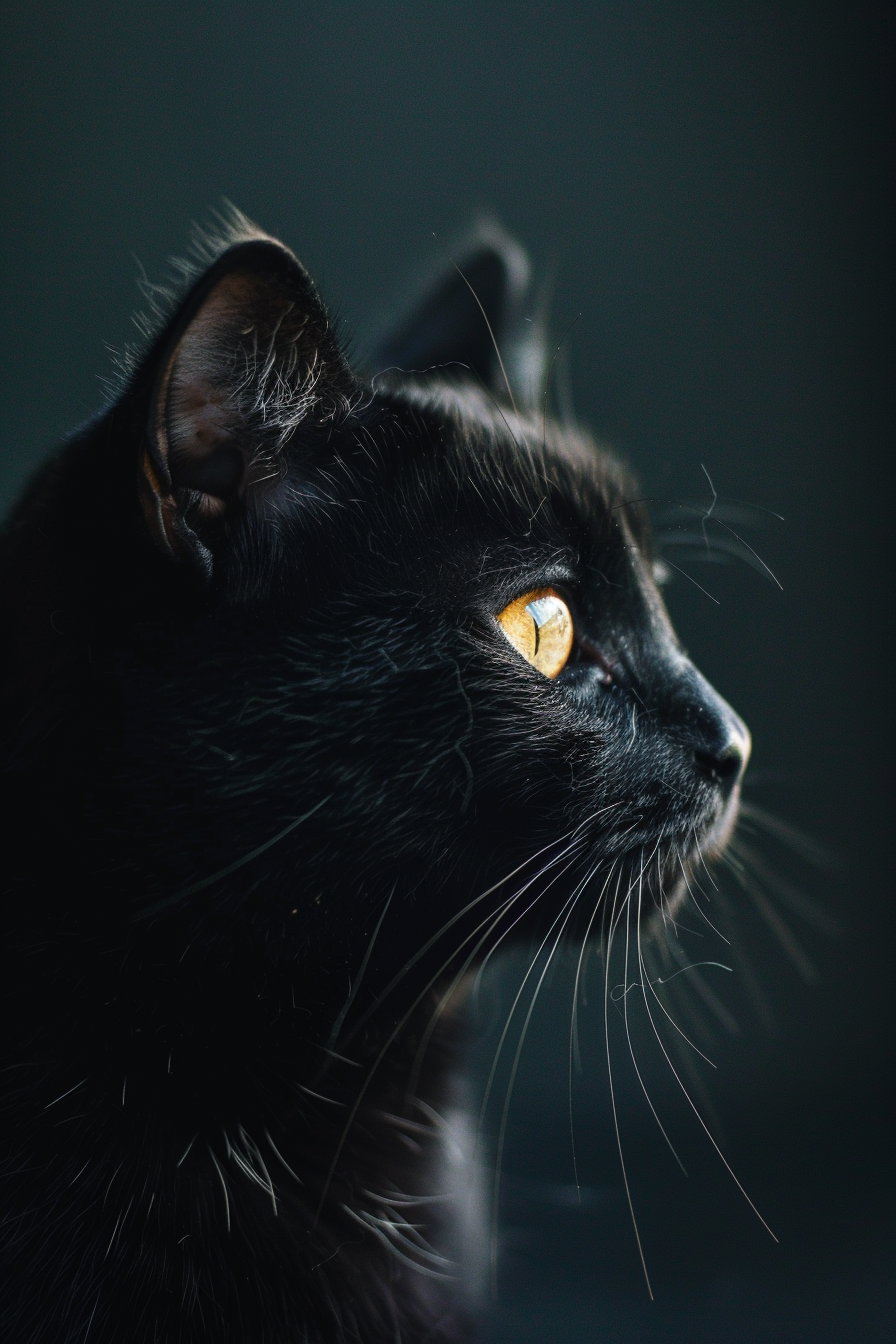 Black cat gazing into distance against dark background