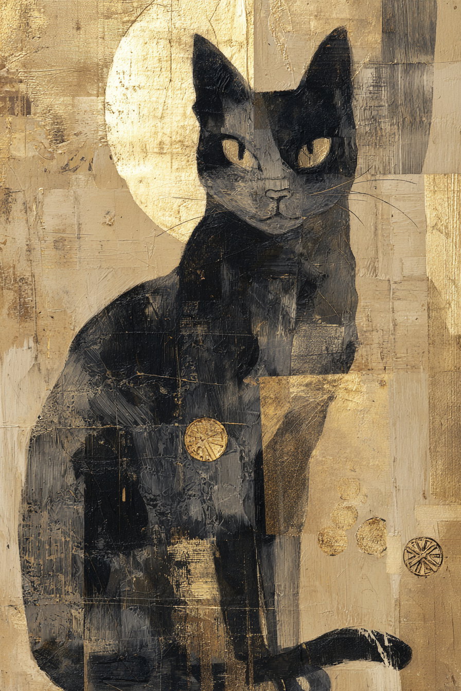 Abstract black cat painting with gold Victorian coins