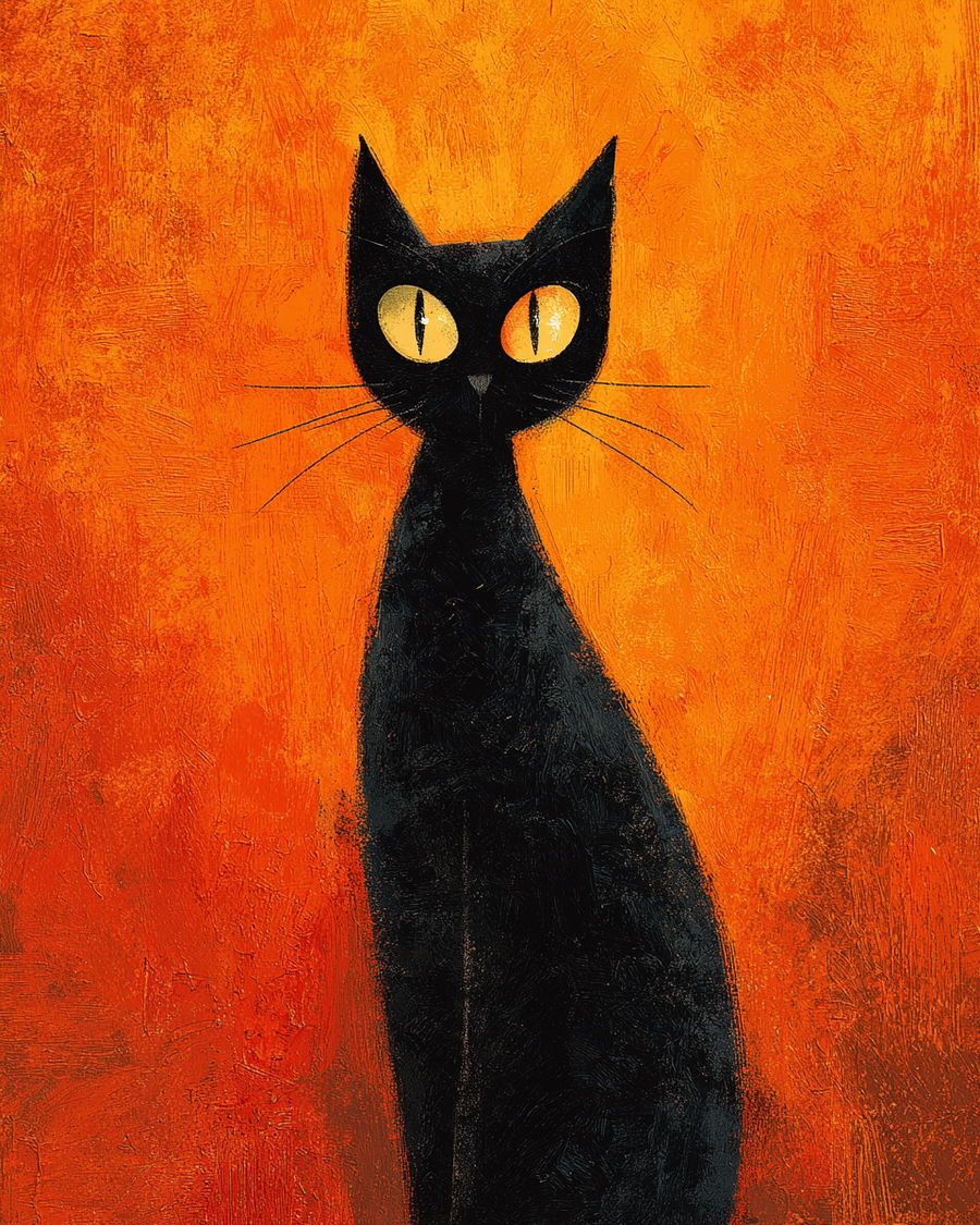 Black cat on orange background in rustic spooky painting