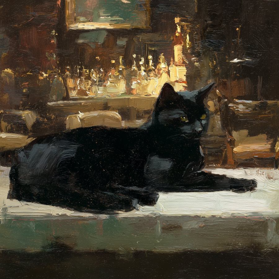 Black cat lounging in cozy coffee shop with vintage lighting
