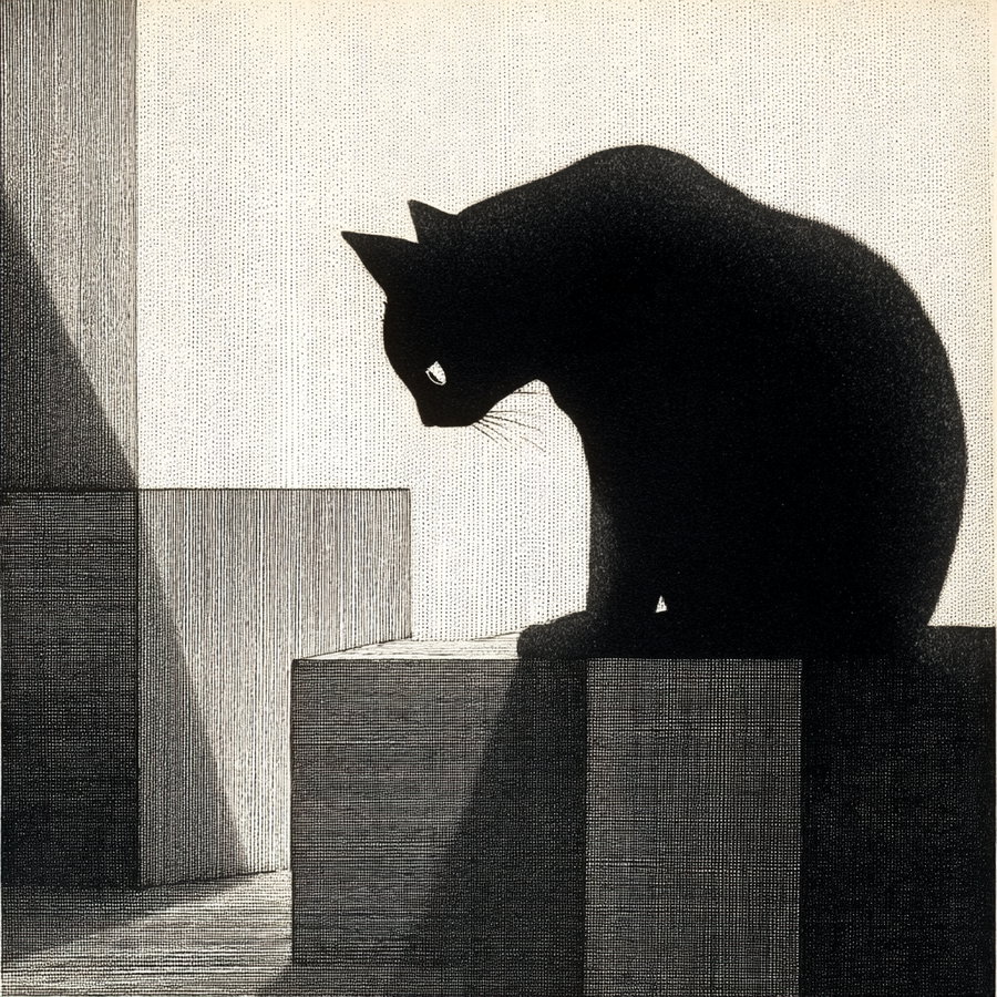 Elegant black cat among rectangular blocks in monochrome print