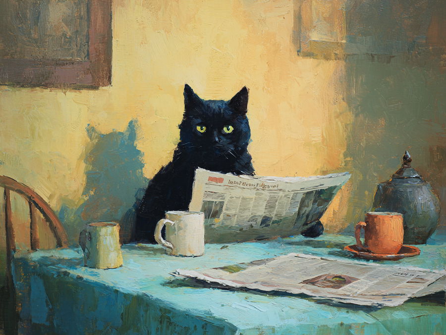 Skeptical black cat reading newspaper at breakfast table