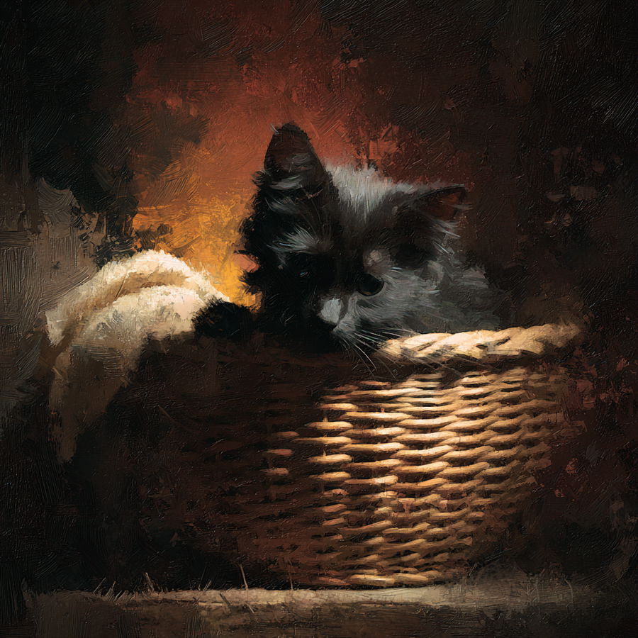 Scruffy black cat resting in woven basket, warm colors