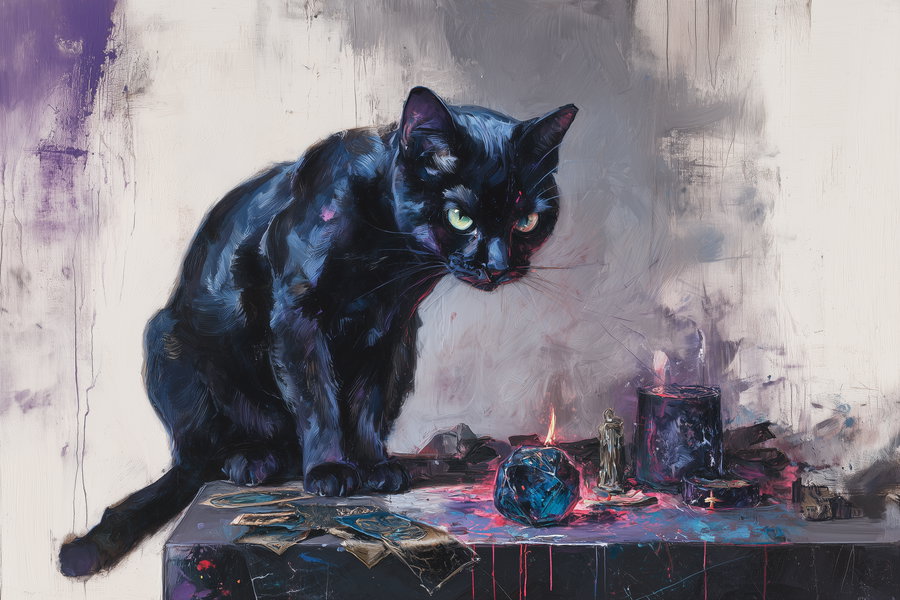 Sleek black cat with glowing eyes on obsidian altar surrounded by dark magic
