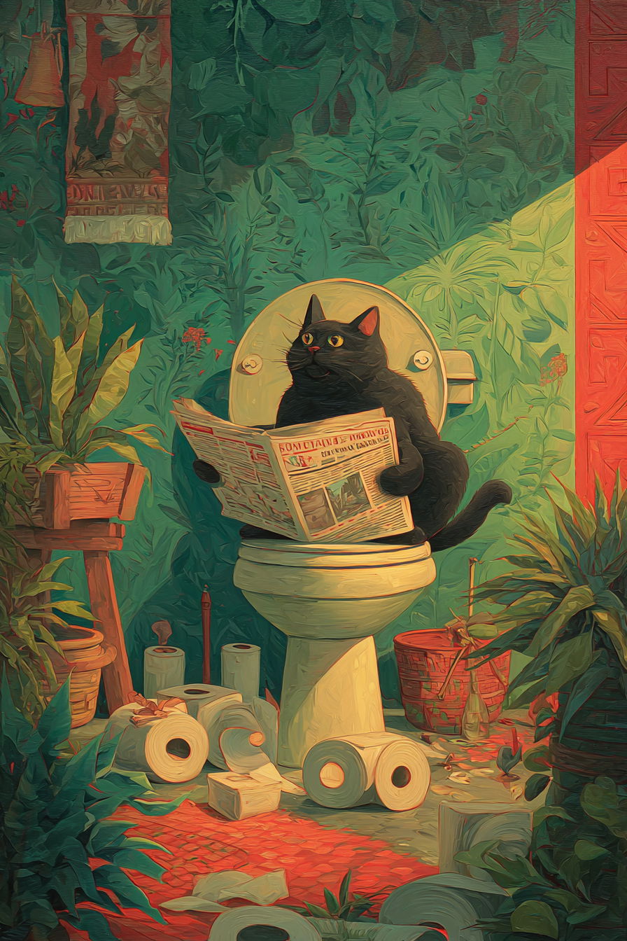 Black cat reading newspaper on toilet with green walls
